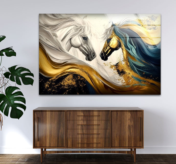 Majestic Gold Horses Wall Art – Luxury Abstract Equine Glass Print