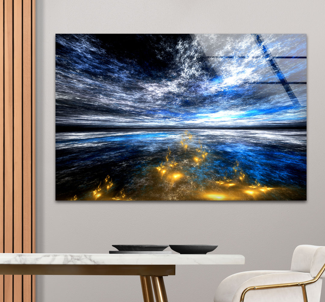 Celestial Ocean Light Wall Art – Abstract Blue and Gold Horizon Glass Print