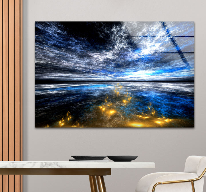 Celestial Ocean Light Wall Art – Abstract Blue and Gold Horizon Glass Print