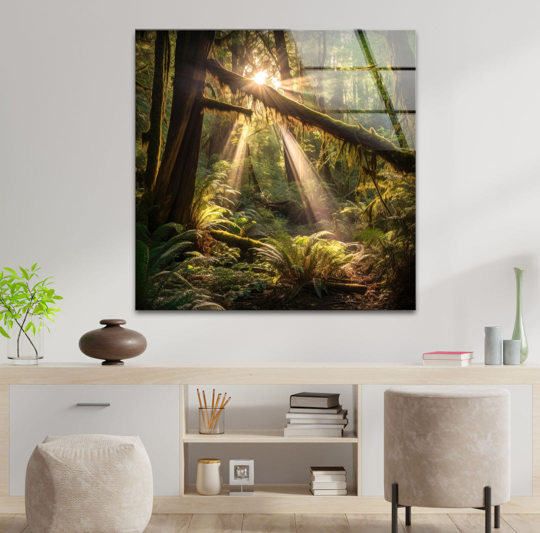 Enchanted Forest Wall Art – Sunlight Through Trees Glass Print for Nature-Inspired Decor