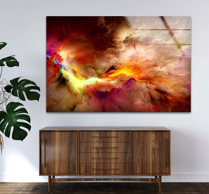 Fiery Nebula Explosion Wall Art – Abstract Cosmic Storm Glass Print Decor