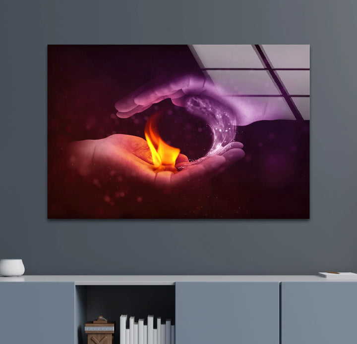 Fire and Water Yin Yang Wall Art – Duality Hands Glass Print for Modern Decor - MyPhotoStation