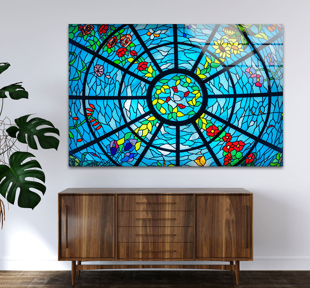 Blue Stained Glass Wall Art – Vibrant Floral & Ocean Window Design for Home & Office