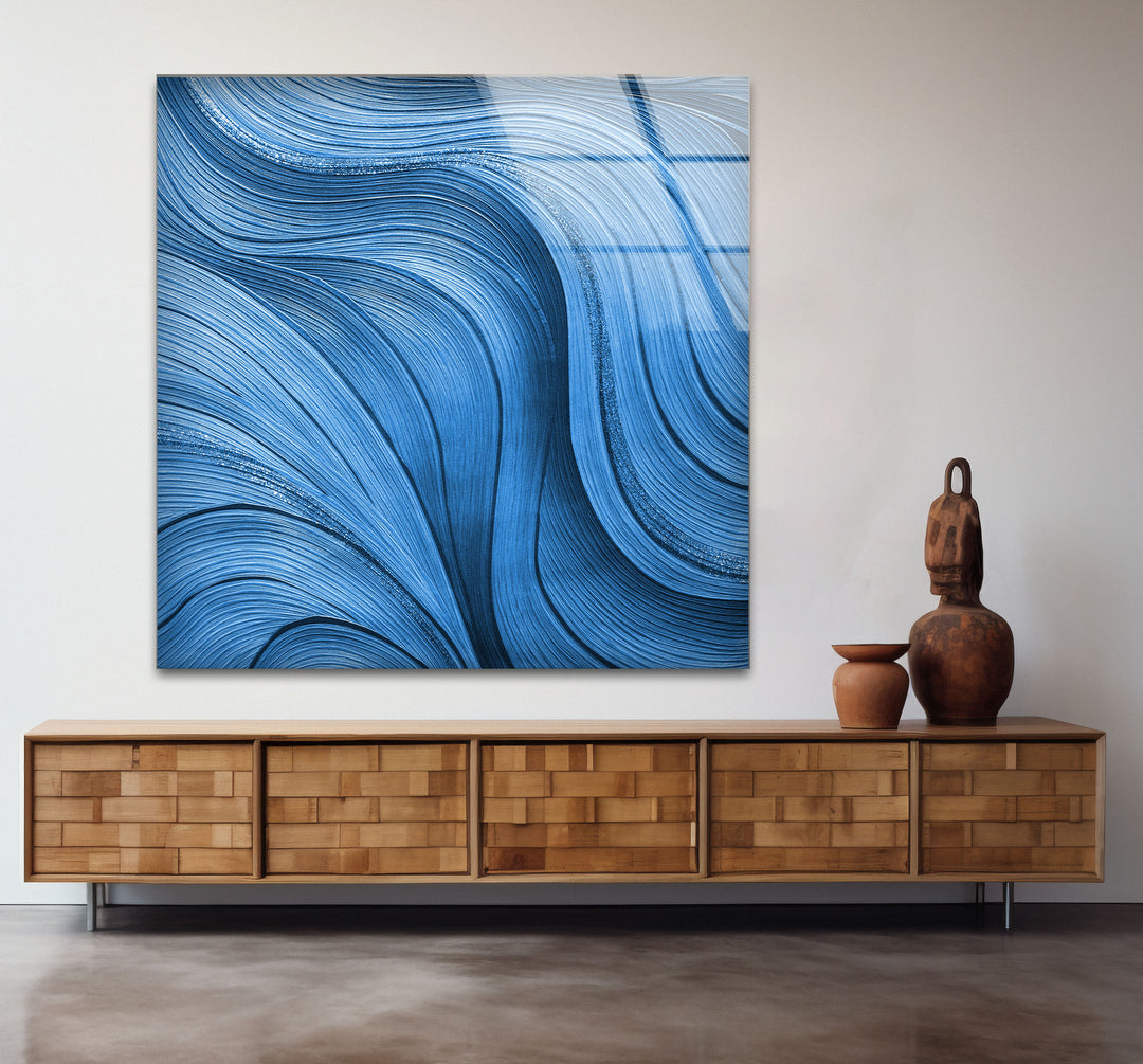 Blue Flow Line Wall Art – Modern Minimalist Wave Glass Print