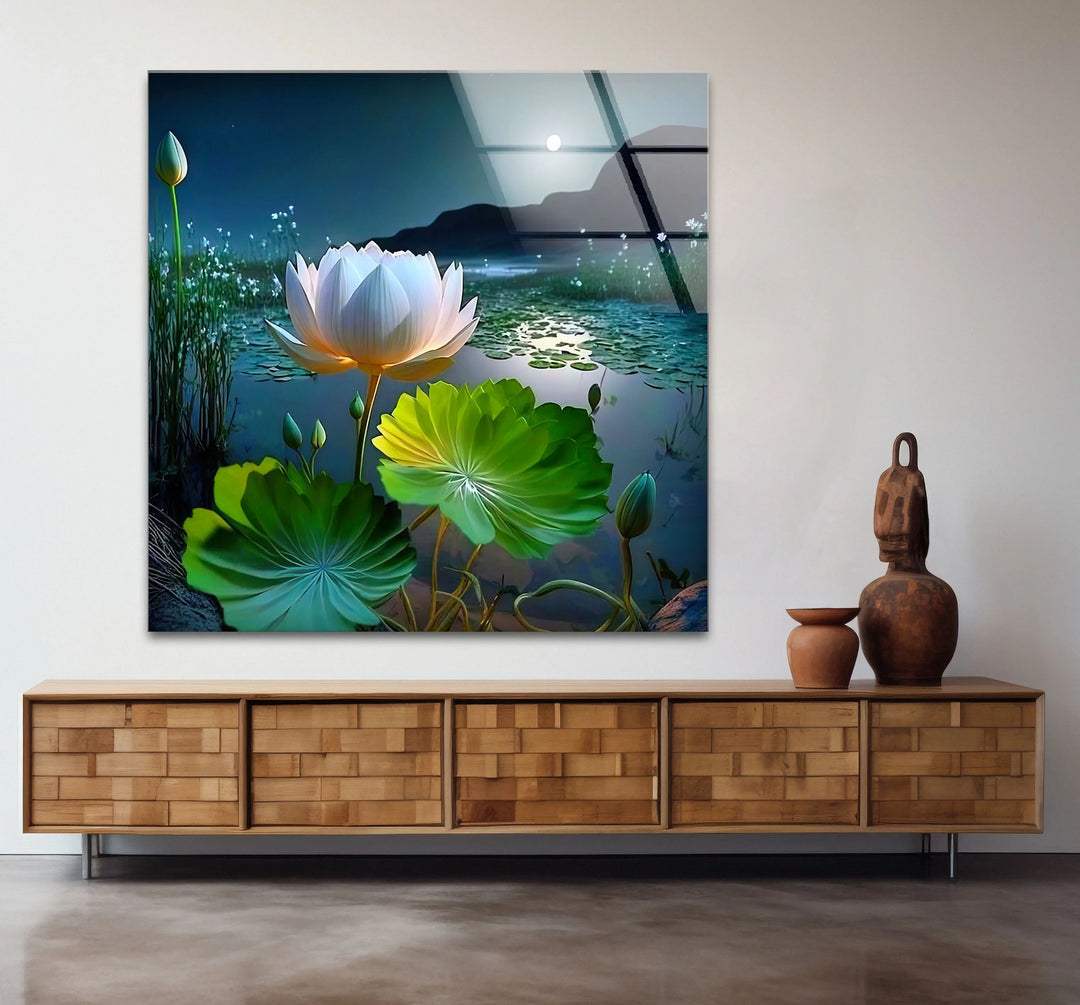 Moonlit Lotus Flower Glass Wall Art – Serene Night Lake Scene for Tranquil Home Decor - MyPhotoStation