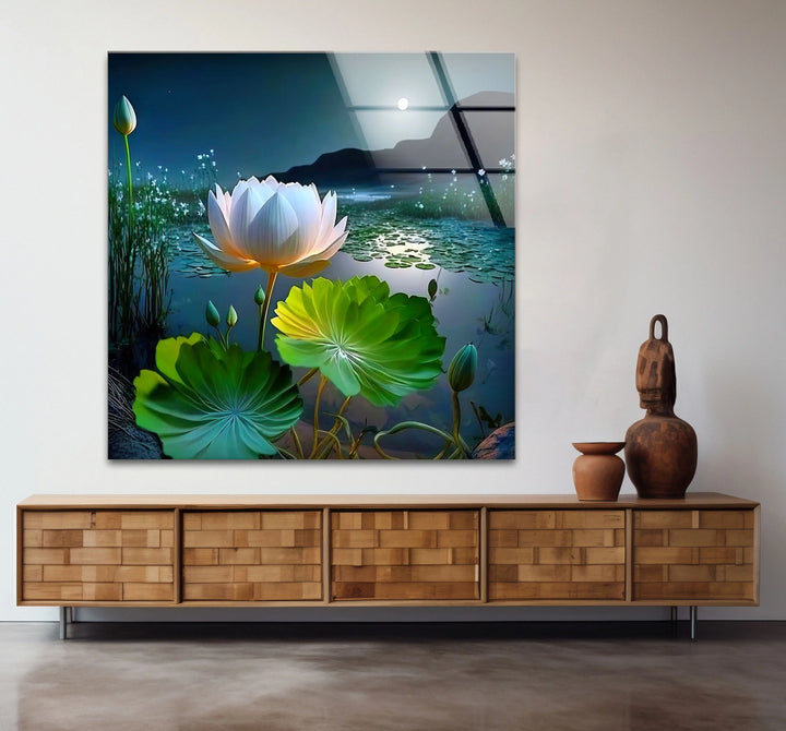 Moonlit Lotus Flower Glass Wall Art – Serene Night Lake Scene for Tranquil Home Decor - MyPhotoStation