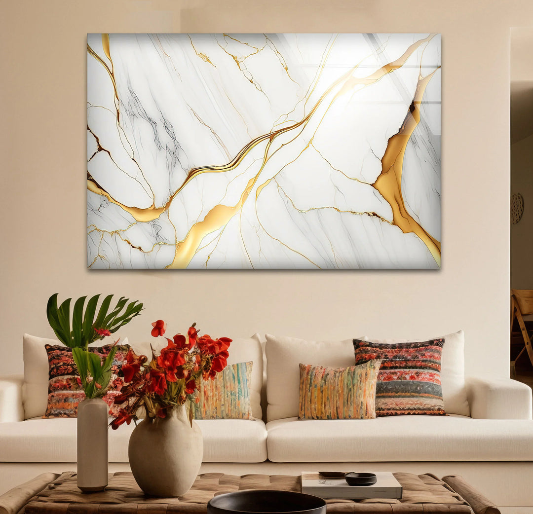 White Marble Wall Art with Gold Veins – Elegant Abstract Glass Print for Modern Luxury Interiors - MyPhotoStation