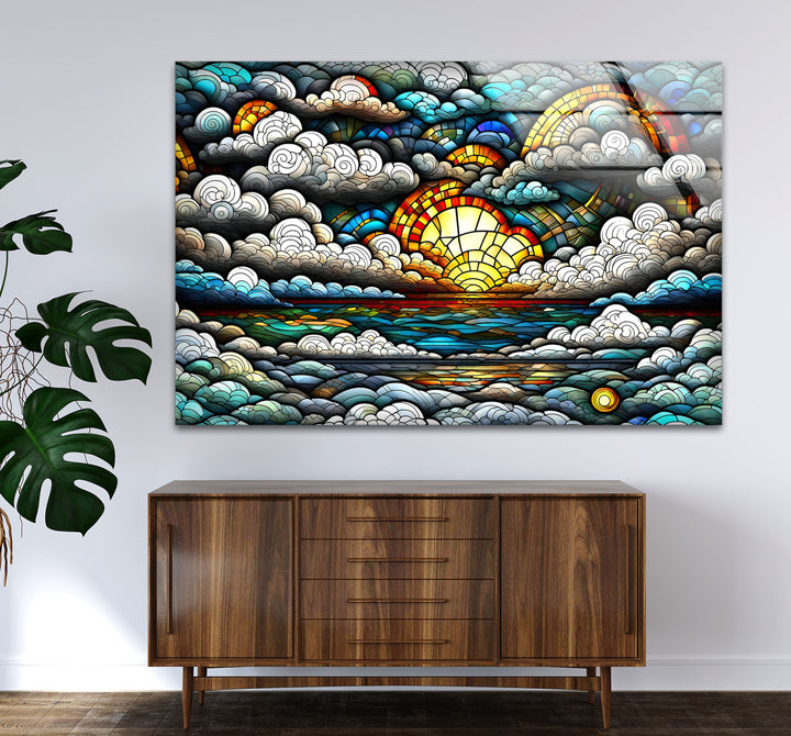 Stained Glass Sunrise Cloudscape Wall Art – Serene Horizon Decor