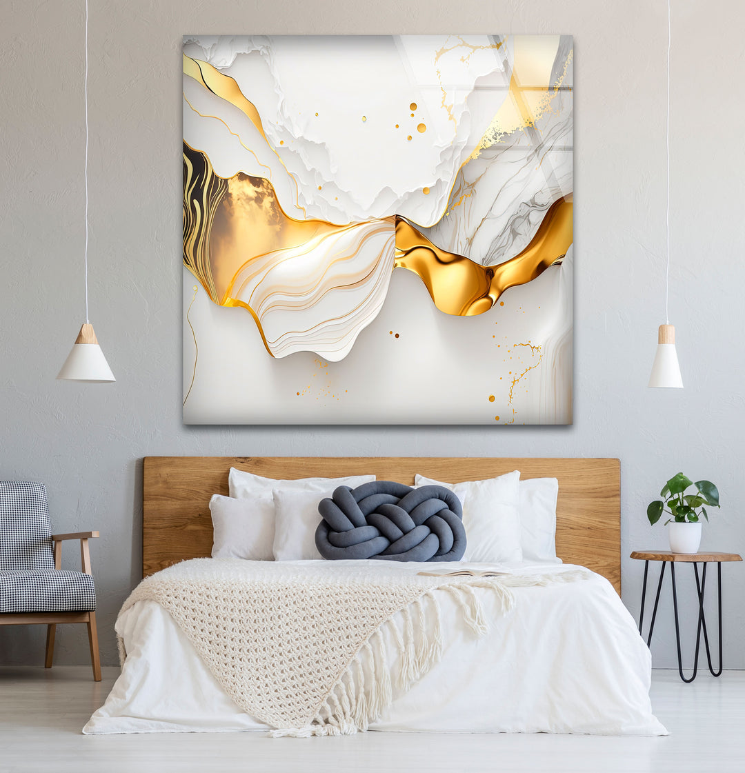 Marble Gold Wave Wall Art – Luxury Abstract Glass Print for Modern Interiors
