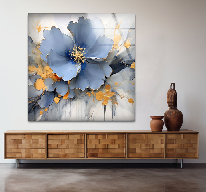 Blue Gold Blossom Wall Art – Elegant Floral Glass Print for Home Décor