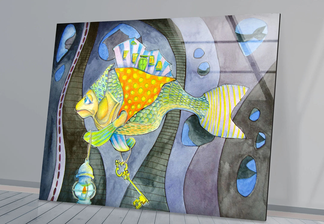 Surreal Fantasy Fish Wall Art – Whimsical Glass Print with Key & Lantern - MyPhotoStation