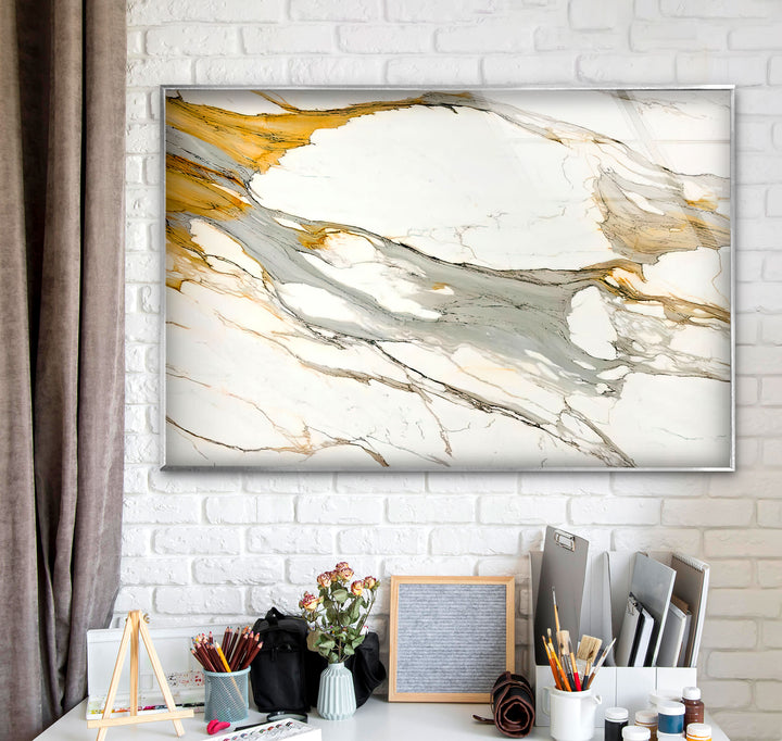 Gold Vein Marble Wall Art – Elegant Glass Print with White and Gray Swirls for Modern Luxury Interiors