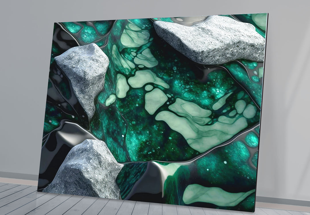 Emerald Stone Texture Wall Art – Abstract Green Glass Print with Marble and Rock Elements for Contemporary Nature-Inspired Decor