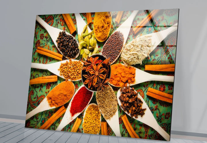 Colorful Indian Spices Wall Art – Kitchen Glass Print with Aromatic Herb Display for Culinary Decor - MyPhotoStation