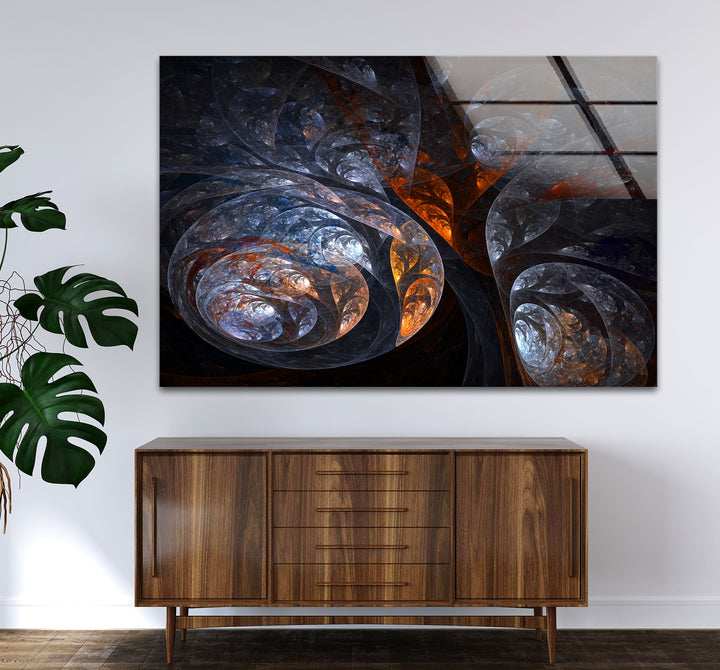 Cosmic Fractal Swirl Wall Art – Dark Abstract Universe Glass Print