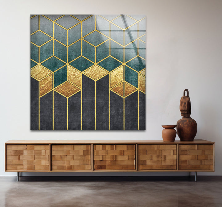 Gold Teal Geometric Wall Art – Luxury Patterned Glass Print for Modern Decor