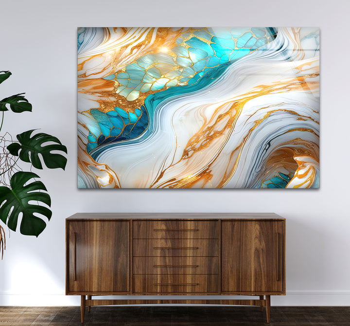 Luxuriöse Wandkunst aus goldenem und türkisfarbenem Marmor – Abstraktes, fließendes Design für moderne Innenräume