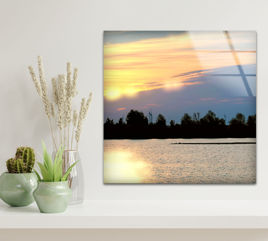 Sunset Lake View Wall Art – Serene Wind Turbine Glass Print for Eco-Inspired and Modern Interiors