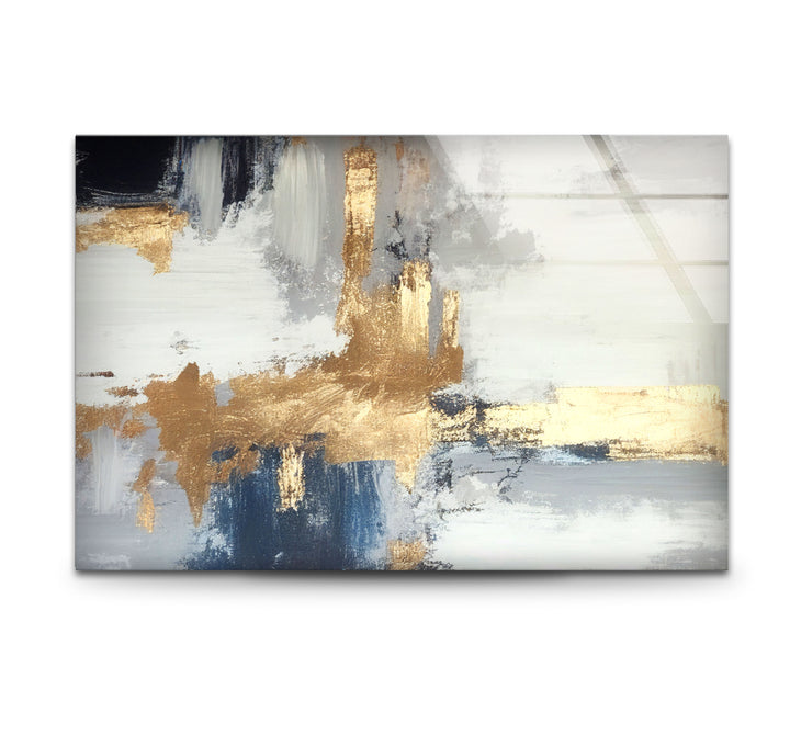 Navy Gold Brushstroke Wall Art – Modern Abstract Glass Print Décor