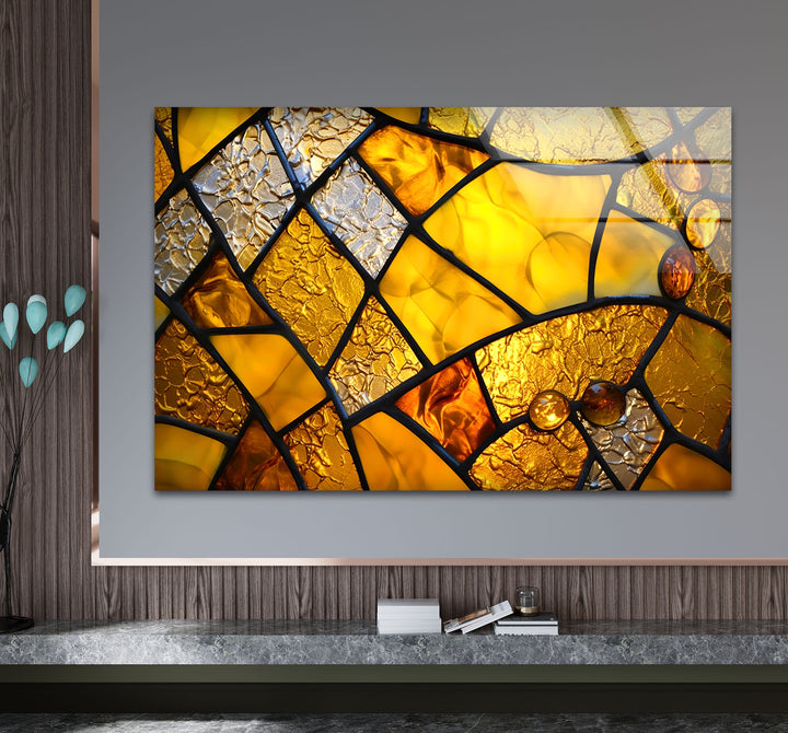 Goldene Buntglas-Wandkunst – Abstrakter strukturierter Glasdruck für Zuhause und Büro