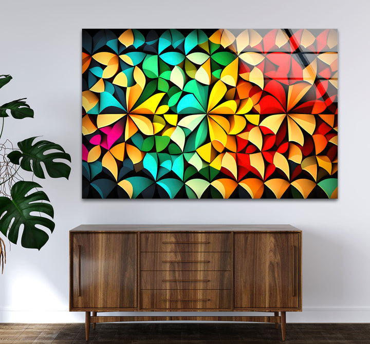 Bunte geometrische Glaswandkunst – Lebendiges abstraktes 3D-Muster