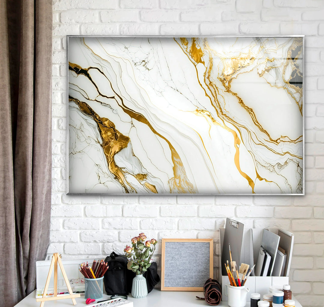 Gold Vein Marble Wall Art – Elegant White & Gold Glass Print for Modern Interiors - MyPhotoStation