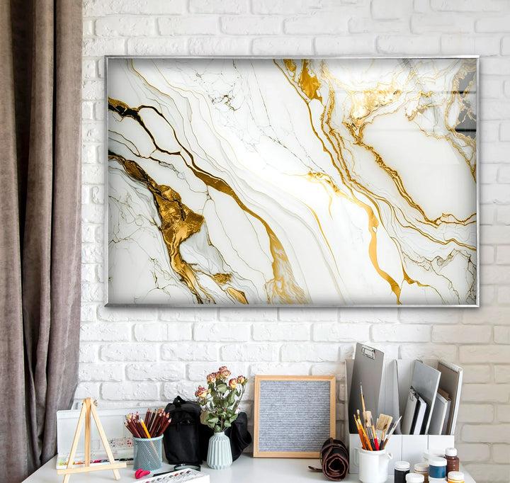 Gold Vein Marble Wall Art – Elegant White & Gold Glass Print for Modern Interiors - MyPhotoStation