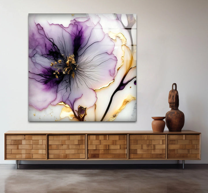 Purple and Gold Abstract Floral Wall Art – Luxury Glass Print for Elegant Interiors - MyPhotoStation