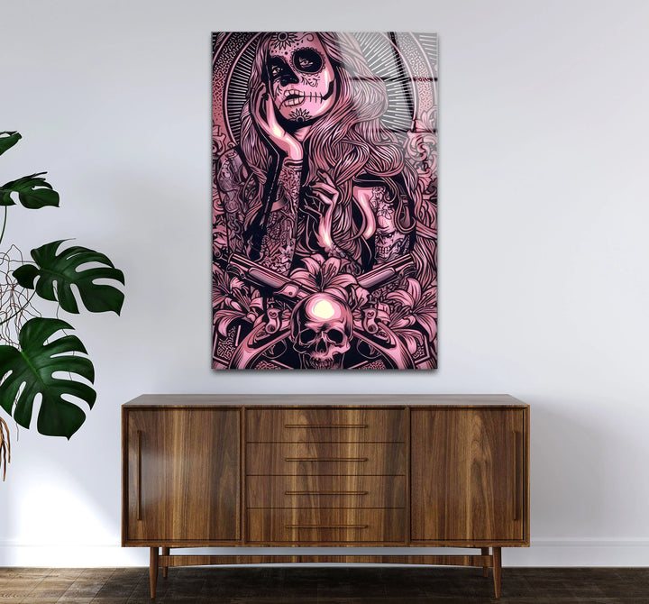 Day of the Dead Gothic Wall Art – Pink Skull Girl with Guns Tattoo Design - MyPhotoStation