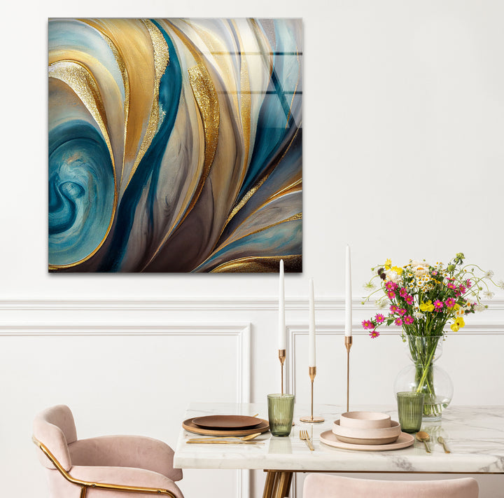Teal Gold Swirl Wall Art – Elegant Abstract Glass Print for Modern Interiors