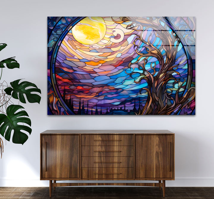 Mystic Moon Buntglas-Wandkunst – Verzauberter Baum &amp; Nachthimmel-Dekor