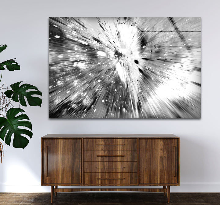 Monochrome Explosion Wall Art – Abstract Black and White Glass Print