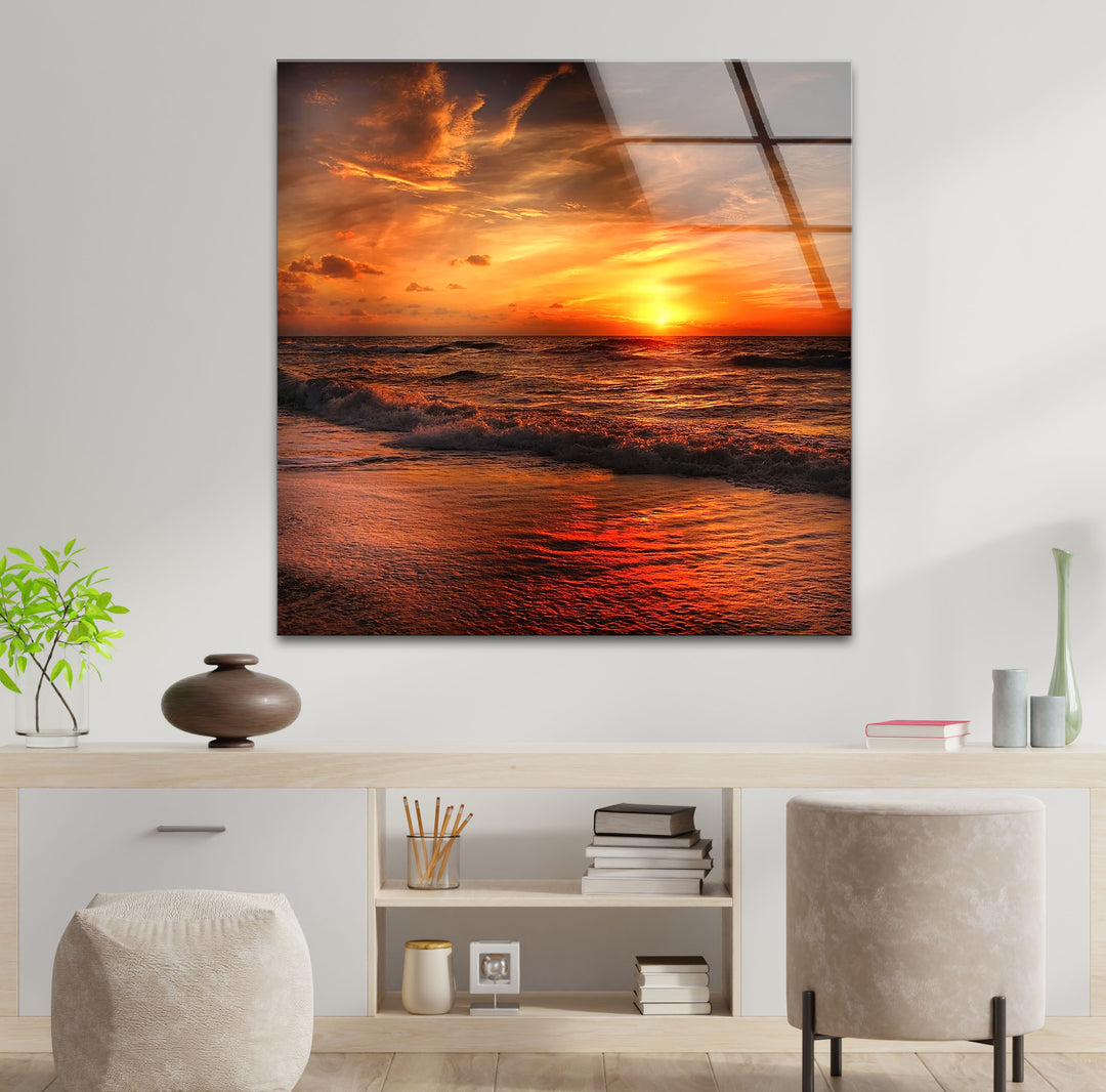 Fiery Sunset Ocean Wall Art – Bold Coastal Glass Print for Dramatic and Modern Interiors