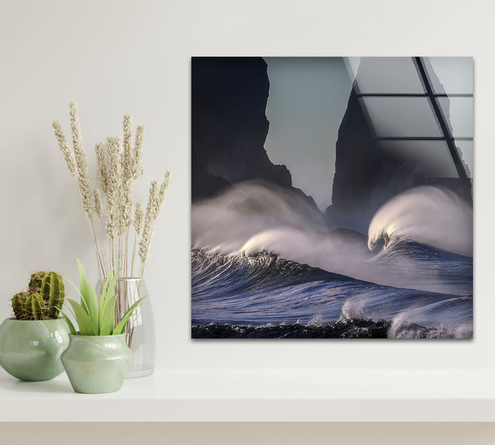 Stormy Ocean Waves Wall Art – Dramatic Coastal Glass Print with Dark Sea Cliffs for Modern Interiors