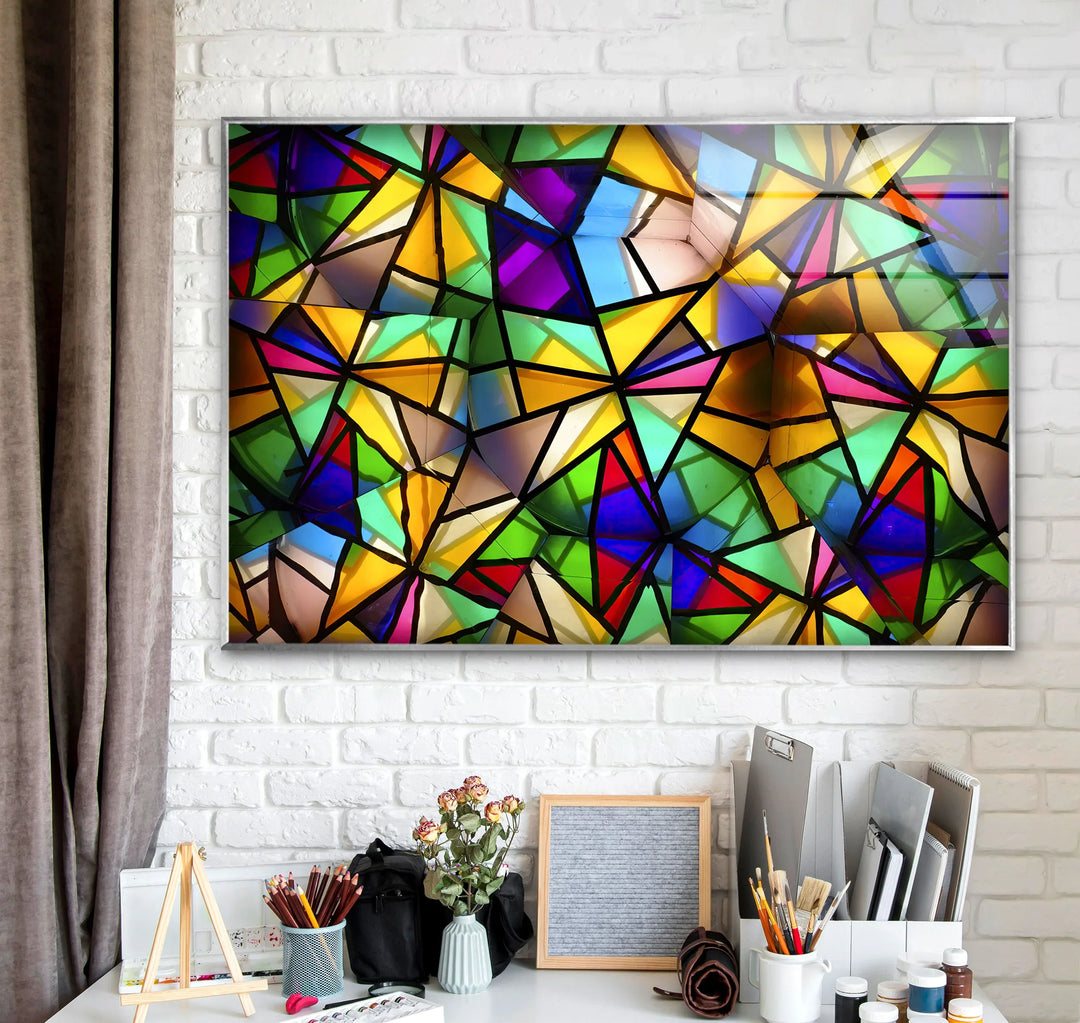 Geometric Color Explosion Glass Art – Abstract Modern Wall Decor in Bold Stained Glass Style - MyPhotoStation