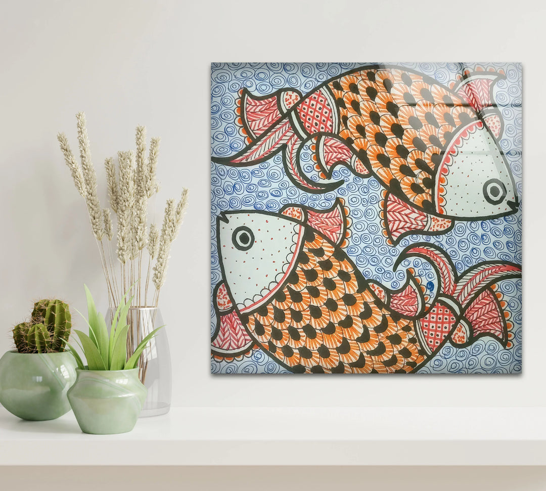 Traditional Folk Art Fish Wall Decor – Vibrant Indian Style Glass Print - MyPhotoStation