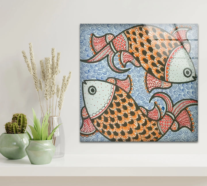 Traditional Folk Art Fish Wall Decor – Vibrant Indian Style Glass Print - MyPhotoStation