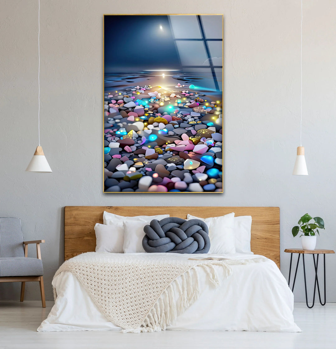 Colorful Pebble Beach at Sunset – Dreamy Ocean Glass Wall Art for Modern Decor - MyPhotoStation