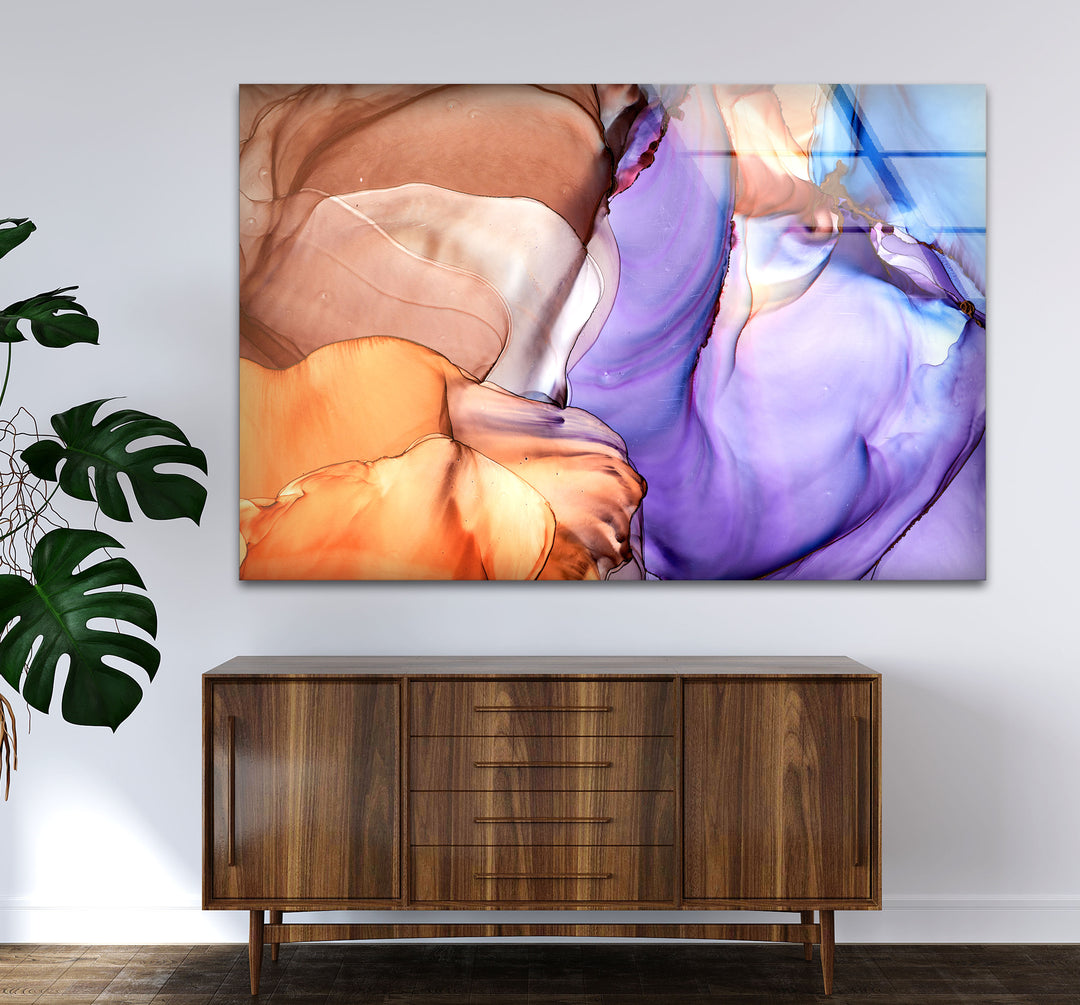 Purple and Amber Abstract Wall Art – Modern Glass Artwork for Living Rooms