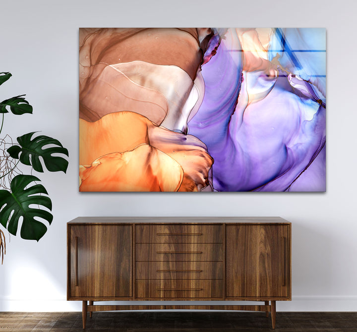 Purple and Amber Abstract Wall Art – Modern Glass Artwork for Living Rooms