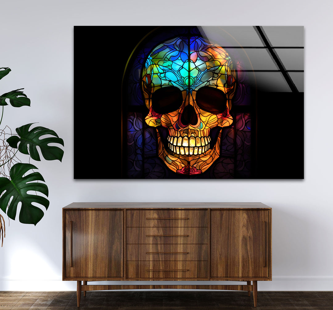 Gotischer Totenkopf Buntglas Wandkunst – Dunkles ästhetisches Fensterdesign, ausgefallene Wohndekoration 