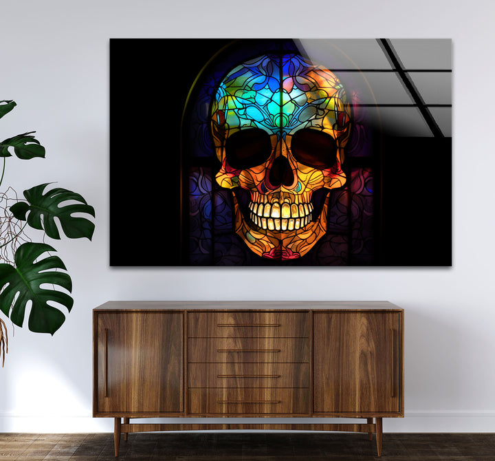Gotischer Totenkopf Buntglas Wandkunst – Dunkles ästhetisches Fensterdesign, ausgefallene Wohndekoration 