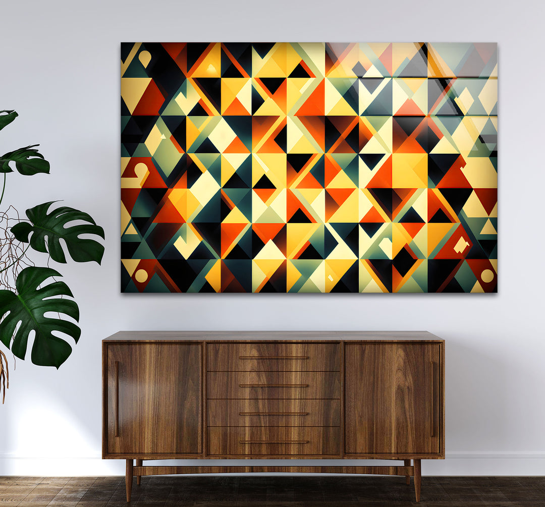 Geometrische Wandkunst aus Bernsteinglas – Auffälliges Retro-Dreiecksmuster-Dekor 