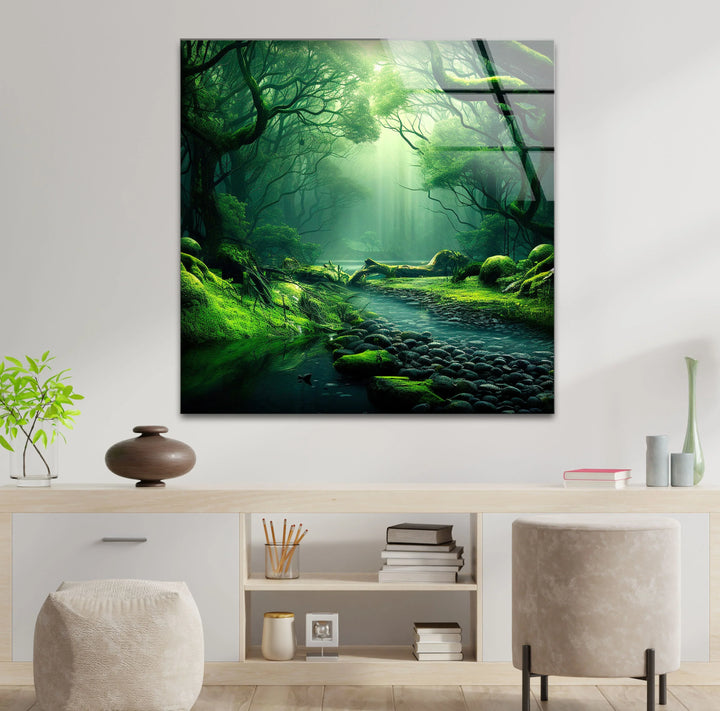 Mystical Enchanted Forest Stream Wall Art – Lush Green Nature Glass Print - MyPhotoStation
