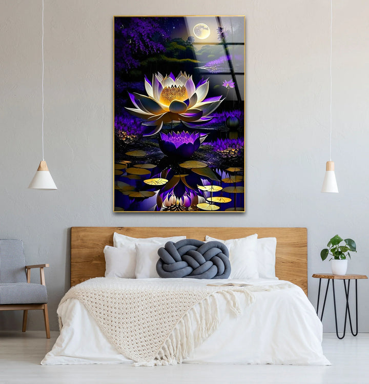 Moonlit Purple Lotus Glass Wall Art – Mystical Night Bloom Floral Print - MyPhotoStation