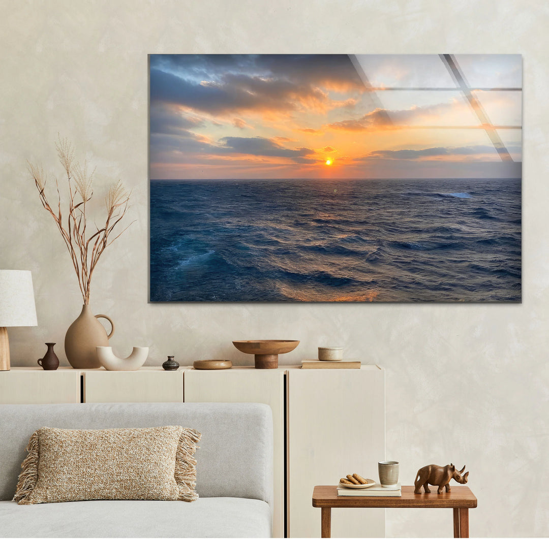 Ocean Horizon Sunset Wall Art – Serene Coastal View Tempered Glass Print - MyPhotoStation
