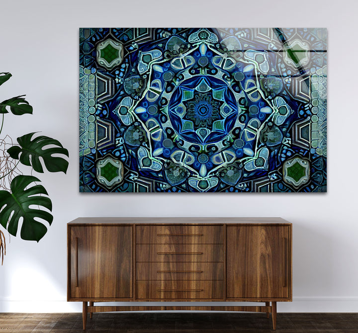 Blue Mandala Glass Wall Art – Intricate Geometric Design, Modern Home & Office Decor