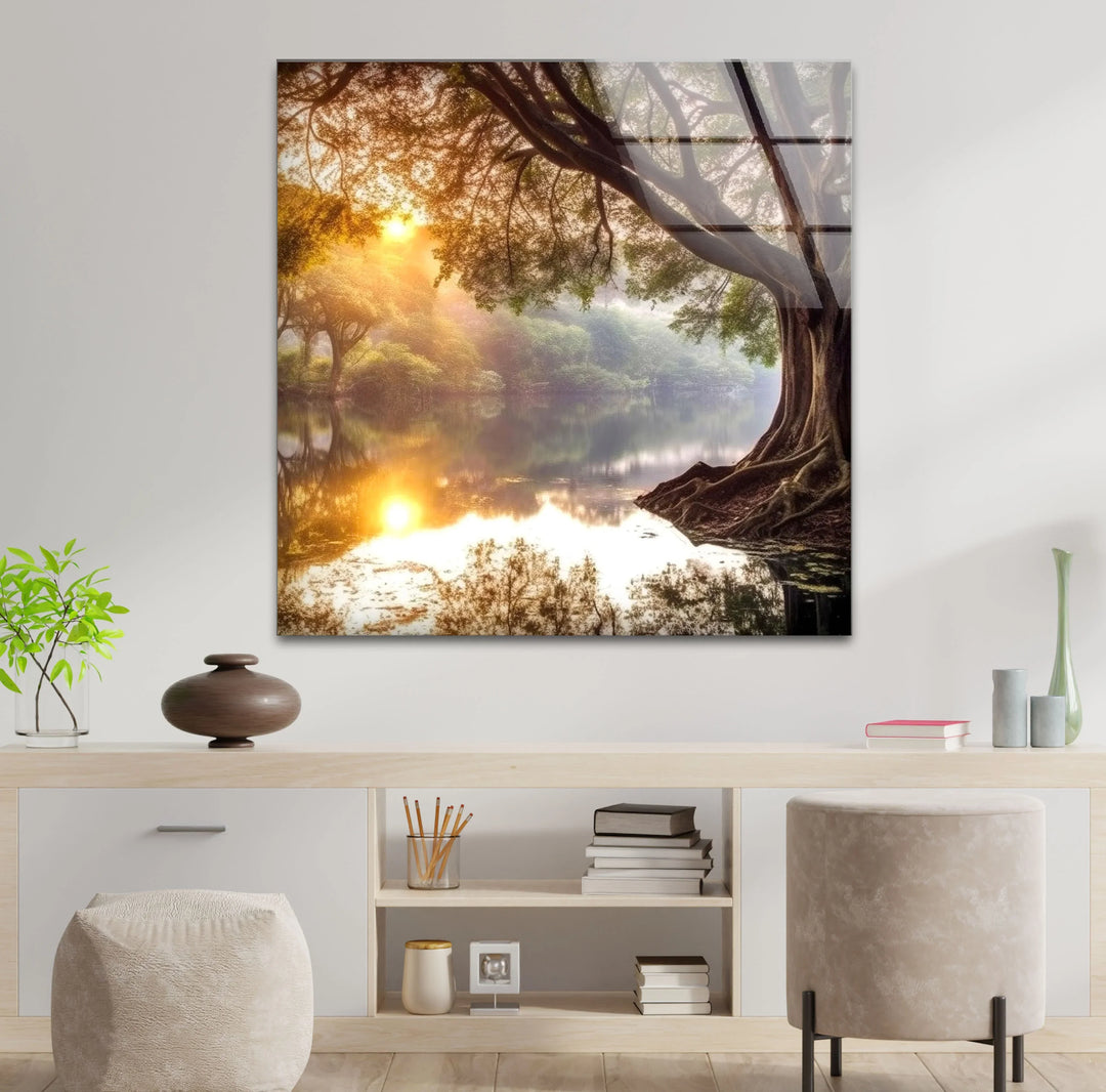 Golden Forest Sunrise Reflections – Majestic Tree and River Glass Wall Art - MyPhotoStation