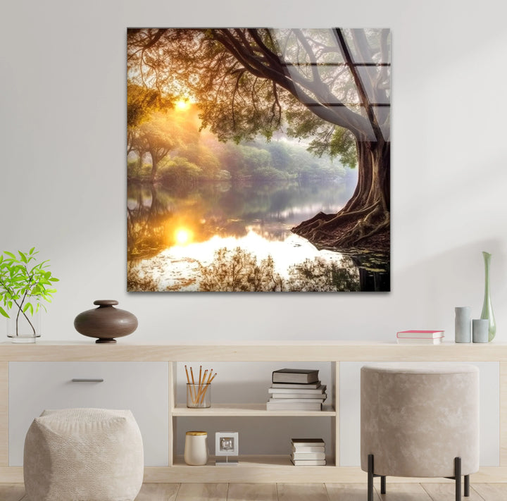 Golden Forest Sunrise Reflections – Majestic Tree and River Glass Wall Art - MyPhotoStation