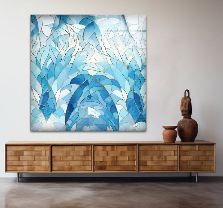 Ocean Leaf Stained Glass Wall Art – Blue Botanical Window Panel, Calming Nature Decor
